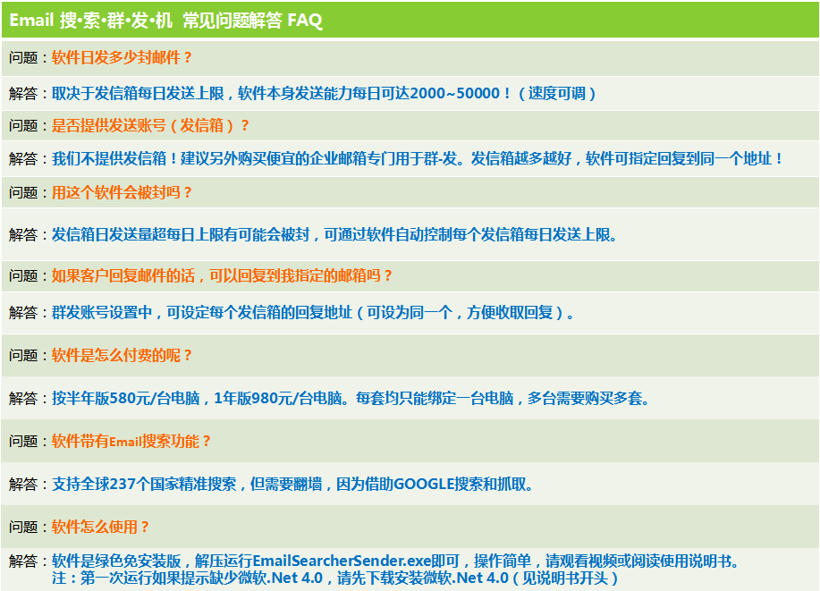 Email搜索群发机 常见问题解答FAQ
